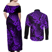 Hawaii Pineapple Couples Matching Off Shoulder Maxi Dress and Long Sleeve Button Shirts Polynesian Pattern Purple Version LT01 - Polynesian Pride
