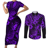 Hawaii Pineapple Couples Matching Short Sleeve Bodycon Dress and Long Sleeve Button Shirts Polynesian Pattern Purple Version LT01 Purple - Polynesian Pride