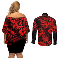 Hawaii Pineapple Couples Matching Off Shoulder Short Dress and Long Sleeve Button Shirts Polynesian Pattern Red Version LT01 - Polynesian Pride
