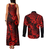 Hawaii Pineapple Couples Matching Tank Maxi Dress and Long Sleeve Button Shirts Polynesian Pattern Red Version LT01 - Polynesian Pride