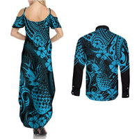 Hawaii Pineapple Couples Matching Summer Maxi Dress and Long Sleeve Button Shirts Polynesian Pattern Sky Blue Version LT01 - Polynesian Pride