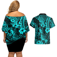 Hawaii Pineapple Couples Matching Off Shoulder Short Dress and Hawaiian Shirt Polynesian Pattern Turquoise Version LT01 - Polynesian Pride