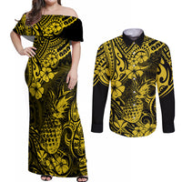 Hawaii Pineapple Couples Matching Off Shoulder Maxi Dress and Long Sleeve Button Shirts Polynesian Pattern Yellow Version LT01 Yellow - Polynesian Pride