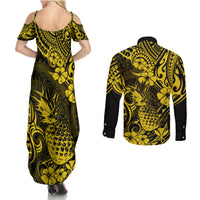 Hawaii Pineapple Couples Matching Summer Maxi Dress and Long Sleeve Button Shirts Polynesian Pattern Yellow Version LT01 - Polynesian Pride