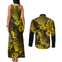 Hawaii Pineapple Couples Matching Tank Maxi Dress and Long Sleeve Button Shirts Polynesian Pattern Yellow Version LT01 - Polynesian Pride