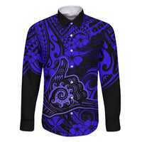 Hawaii Shaka Sign Family Matching Tank Maxi Dress and Hawaiian Shirt With Polynesian Hibiscus Navy Blue Unique LT01 Dad's Shirt - Long Sleeve Blue - Polynesian Pride
