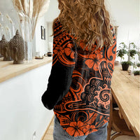 Hawaii Shaka Sign Women Casual Shirt With Polynesian Hibiscus Orange Unique LT01 - Polynesian Pride
