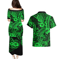 Hawaii Shark Couples Matching Puletasi Dress and Hawaiian Shirt Polynesian Pattern Green Version LT01 - Polynesian Pride