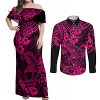 Hawaii Shark Couples Matching Off Shoulder Maxi Dress and Long Sleeve Button Shirts Polynesian Pattern Pink Version LT01 Pink - Polynesian Pride