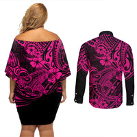 Hawaii Shark Couples Matching Off Shoulder Short Dress and Long Sleeve Button Shirts Polynesian Pattern Pink Version LT01 - Polynesian Pride