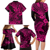 Hawaii Shark Family Matching Long Sleeve Bodycon Dress and Hawaiian Shirt Polynesian Pattern Pink Version LT01 - Polynesian Pride