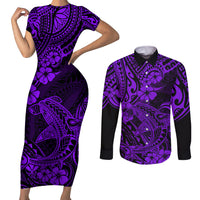 Hawaii Shark Couples Matching Short Sleeve Bodycon Dress and Long Sleeve Button Shirts Polynesian Pattern Purple Version LT01 Purple - Polynesian Pride