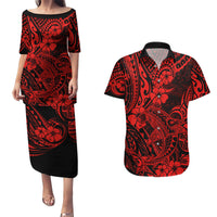 Hawaii Shark Couples Matching Puletasi Dress and Hawaiian Shirt Polynesian Pattern Red Version LT01 Red - Polynesian Pride