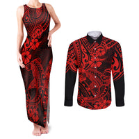Hawaii Shark Couples Matching Tank Maxi Dress and Long Sleeve Button Shirts Polynesian Pattern Red Version LT01 Red - Polynesian Pride