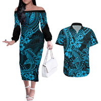Hawaii Shark Couples Matching Off The Shoulder Long Sleeve Dress and Hawaiian Shirt Polynesian Pattern Sky Blue Version LT01 Blue - Polynesian Pride