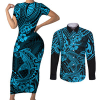 Hawaii Shark Couples Matching Short Sleeve Bodycon Dress and Long Sleeve Button Shirts Polynesian Pattern Sky Blue Version LT01 Blue - Polynesian Pride