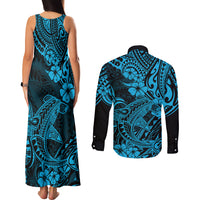 Hawaii Shark Couples Matching Tank Maxi Dress and Long Sleeve Button Shirts Polynesian Pattern Sky Blue Version LT01 - Polynesian Pride