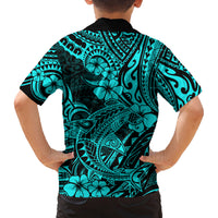 Hawaii Shark Family Matching Off Shoulder Short Dress and Hawaiian Shirt Polynesian Pattern Turquoise Version LT01 - Polynesian Pride