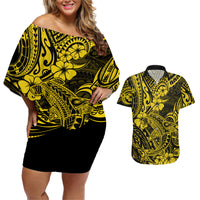 Hawaii Shark Couples Matching Off Shoulder Short Dress and Hawaiian Shirt Polynesian Pattern Yellow Version LT01 Yellow - Polynesian Pride