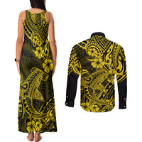 Hawaii Shark Couples Matching Tank Maxi Dress and Long Sleeve Button Shirts Polynesian Pattern Yellow Version LT01 - Polynesian Pride