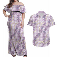 Pua Kalaunu Lei Couples Matching Off Shoulder Maxi Dress and Hawaiian Shirt Palaka Pattern