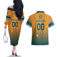 Custom Rugby Australia Couples Matching Off The Shoulder Long Sleeve Dress and Hawaiian Shirt Junior Wallabies Go Champions