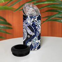 Monstera Plumeria Flowers Blue 4 in 1 Can Cooler Tumbler Polynesian Pattern