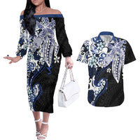 Monstera Plumeria Flowers Blue Couples Matching Off The Shoulder Long Sleeve Dress and Hawaiian Shirt Polynesian Pattern LT01 Blue - Polynesian Pride