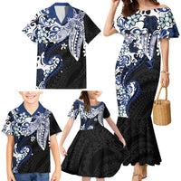 Monstera Plumeria Flowers Blue Family Matching Mermaid Dress and Hawaiian Shirt Polynesian Pattern LT01 - Polynesian Pride