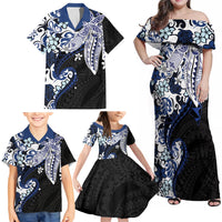 Monstera Plumeria Flowers Blue Family Matching Off Shoulder Maxi Dress and Hawaiian Shirt Polynesian Pattern LT01 - Polynesian Pride