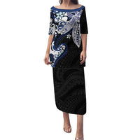 Monstera Plumeria Flowers Blue Family Matching Puletasi and Hawaiian Shirt Polynesian Pattern