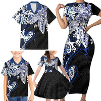 Monstera Plumeria Flowers Blue Family Matching Short Sleeve Bodycon Dress and Hawaiian Shirt Polynesian Pattern LT01 - Polynesian Pride