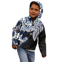 Monstera Plumeria Flowers Blue Kid Hoodie Polynesian Pattern