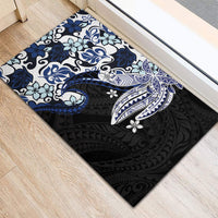 Monstera Plumeria Flowers Blue Rubber Doormat Polynesian Pattern