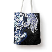Monstera Plumeria Flowers Blue Tote Bag Polynesian Pattern