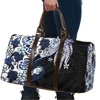 Monstera Plumeria Flowers Blue Travel Bag Polynesian Pattern
