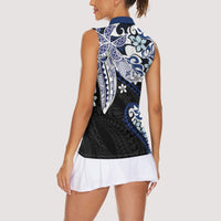 Monstera Plumeria Flowers Blue Women Sleeveless Polo Shirt Polynesian Pattern
