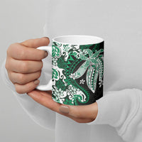 Monstera Plumeria Flowers Green Ceramic Mug Polynesian Pattern