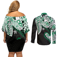 Monstera Plumeria Flowers Green Couples Matching Off Shoulder Short Dress and Long Sleeve Button Shirt Polynesian Pattern
