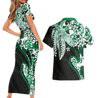 Monstera Plumeria Flowers Green Couples Matching Short Sleeve Bodycon Dress and Hawaiian Shirt Polynesian Pattern LT01 - Polynesian Pride