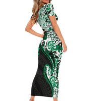Monstera Plumeria Flowers Green Family Matching Short Sleeve Bodycon Dress and Hawaiian Shirt Polynesian Pattern LT01 - Polynesian Pride