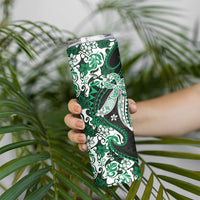 Monstera Plumeria Flowers Green Skinny Tumbler Polynesian Pattern