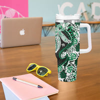 Monstera Plumeria Flowers Green Tumbler With Handle Polynesian Pattern