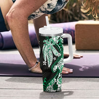 Monstera Plumeria Flowers Green Tumbler With Handle Polynesian Pattern