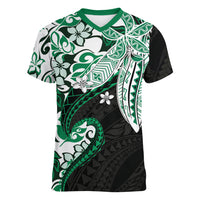 Monstera Plumeria Flowers Green Women V-Neck T-Shirt Polynesian Pattern