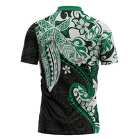 Monstera Plumeria Flowers Green Zipper Polo Shirt Polynesian Pattern