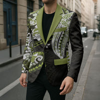 Monstera Plumeria Flowers Olive Green Blazer Polynesian Pattern