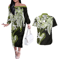 Monstera Plumeria Flowers Olive Green Couples Matching Off The Shoulder Long Sleeve Dress and Hawaiian Shirt Polynesian Pattern LT01 Green - Polynesian Pride