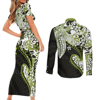 Monstera Plumeria Flowers Olive Green Couples Matching Short Sleeve Bodycon Dress and Long Sleeve Button Shirt Polynesian Pattern