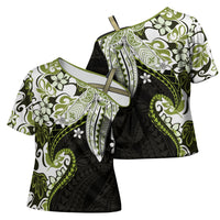 Monstera Plumeria Flowers Olive Green Cross Shoulder Shirt Polynesian Pattern